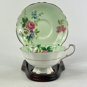 Paragon England Bone China Tea Cup Saucer Set CS298 Cabbage Rose Mint Green Gold